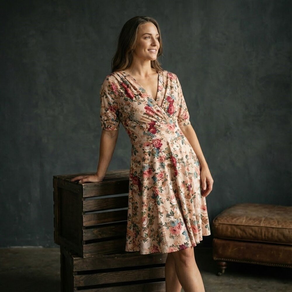 Roosey Women’s XL Midi Dress Beige Floral Cotton V-Neck Cottagecore Romantic 90s